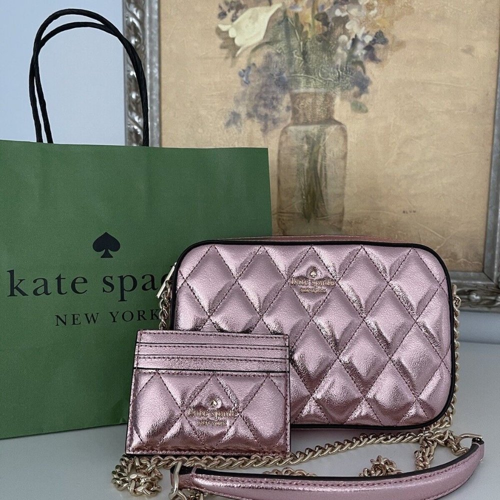 NWT Kate Spade Boxed Quilted Metalic Leather Crossbody Card Case Set In Pink